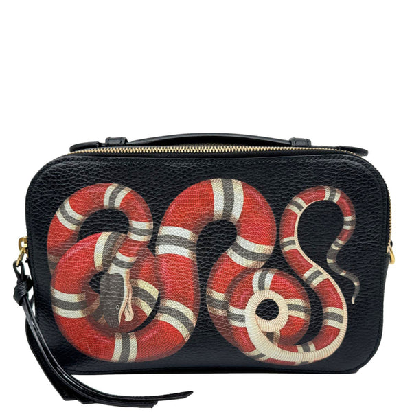 Gucci Sylvie Web Small Kingsnake Print Grained Calfskin Leather Camera Bag Black 453565