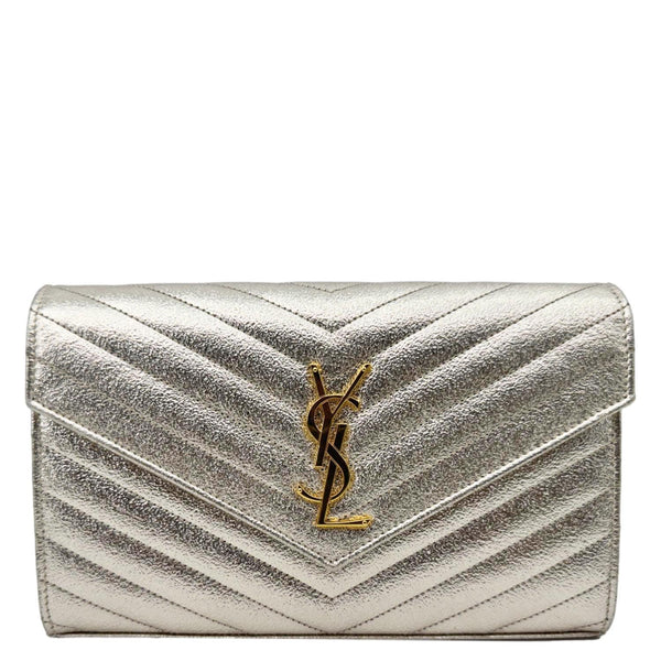 YVES SAINT LAURENT Cassandre Metallic Grain De Poudre Leather Shoulder Bag Silver