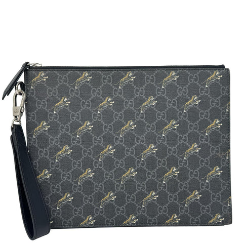 GUCCI Tiger Print GG Supreme Canvas Clutch Bag Black 575136