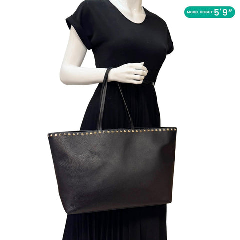 VALENTINO Garavani Rockstud Leather Shopper Tote Bag Black