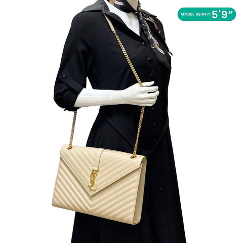 YVES SAINT LAURENT Envelope Large Grained Chain Crossbody Bag Beige