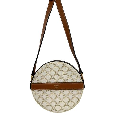 CELINE Triomphe Canvas Round Purse On Strap Crossbody Bag White