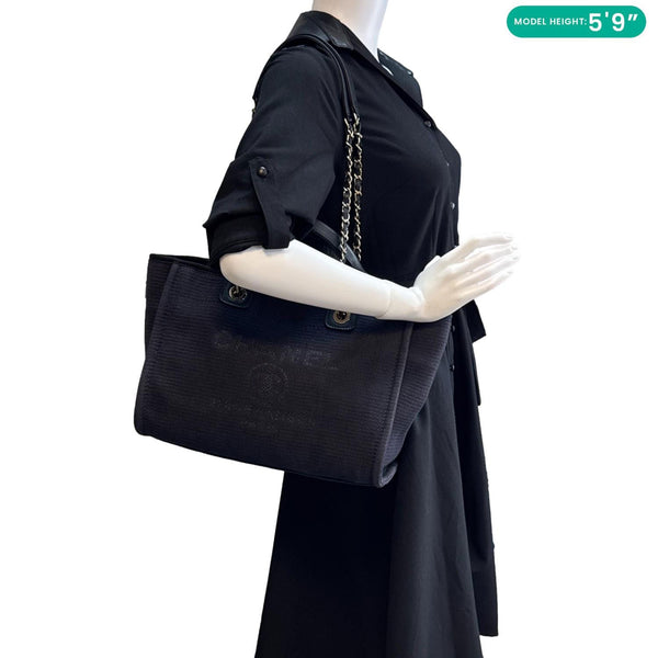 CHANEL Deauville Small Mixed Fibers Tote Bag Navy Blue