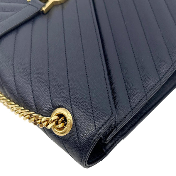 YVES SAINT LAURENT Envelope Grained Chevron Leather Wallet On Chain Navy Blue