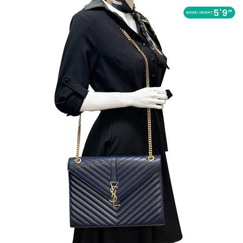 YVES SAINT LAURENT Envelope Grained Chevron Leather Wallet On Chain Navy Blue