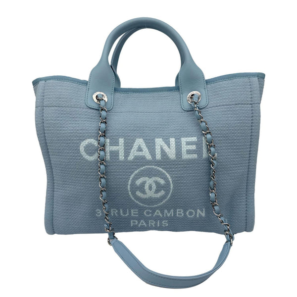 CHANEL Deauville Small Canvas Leather Tote Shoulder Bag Blue