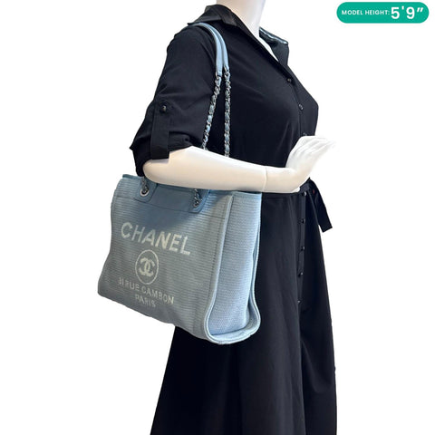 CHANEL Deauville Small Canvas Leather Tote Shoulder Bag Blue