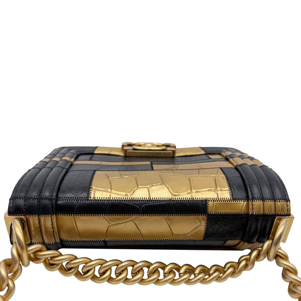 CHANEL Boy Flap Small Crocodile Embossed Leather Shoulder Bag Gold