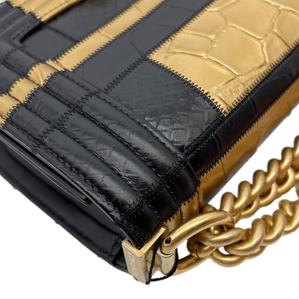 CHANEL Boy Flap Small Crocodile Embossed Leather Shoulder Bag Gold