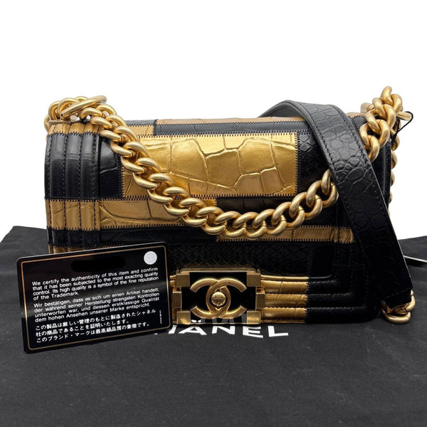 CHANEL Boy Flap Small Crocodile Embossed Leather Shoulder Bag Gold