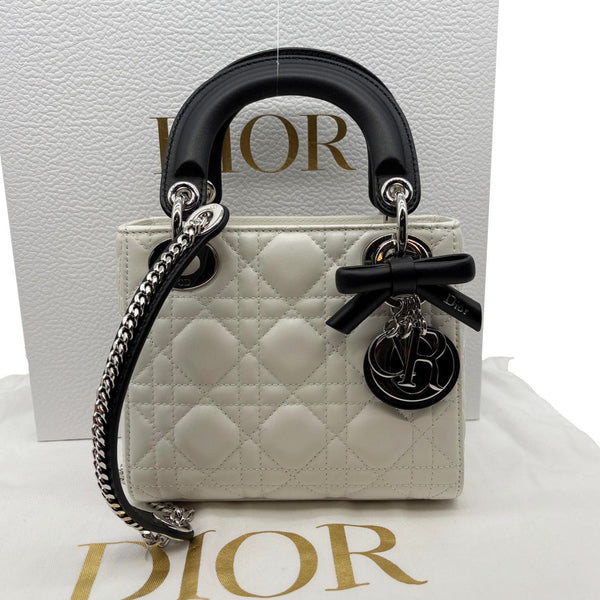 CHRISTIAN DIOR Mini Lady Dior Cannage Lambskin Leather Chain Crossbody Bag White