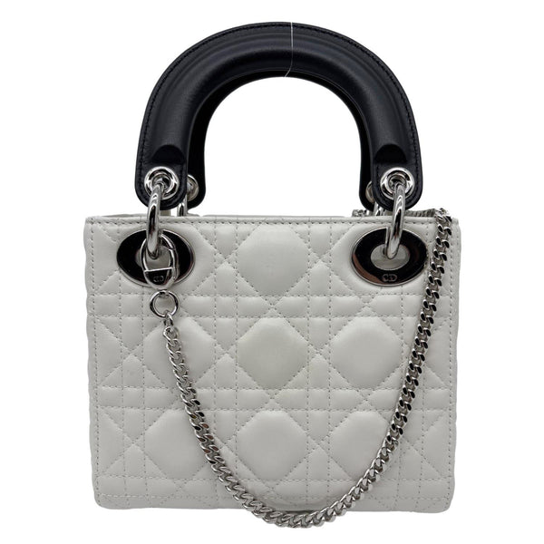 CHRISTIAN DIOR Mini Lady Dior Cannage Lambskin Leather Chain Crossbody Bag White