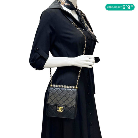 CHANEL Chic Pearls Flap Quilted Leather Shoulder Bag Black