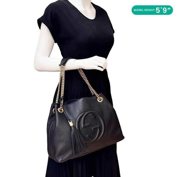 GUCCI Soho Medium Pebbled Leather Shoulder Bag Black 308982