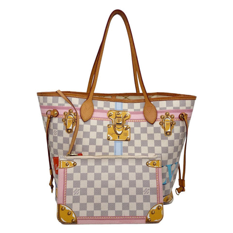 LOUIS VUITTON Neverfull MM Summer Trunks Damier Azur Tote Bag White
