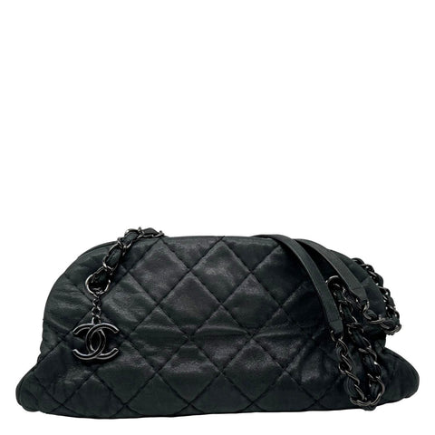 CHANEL Just Mademoiselle Small Bowling Quilted Leather Shoulder Bag Black