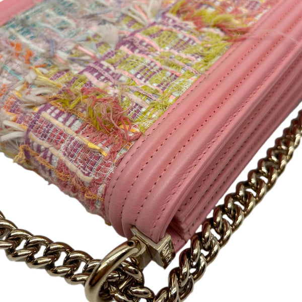 CHANEL Boy Flap North South Tweed Shoulder Bag Pink