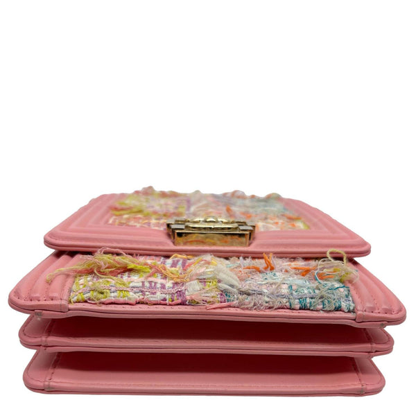 CHANEL Boy Flap North South Tweed Shoulder Bag Pink