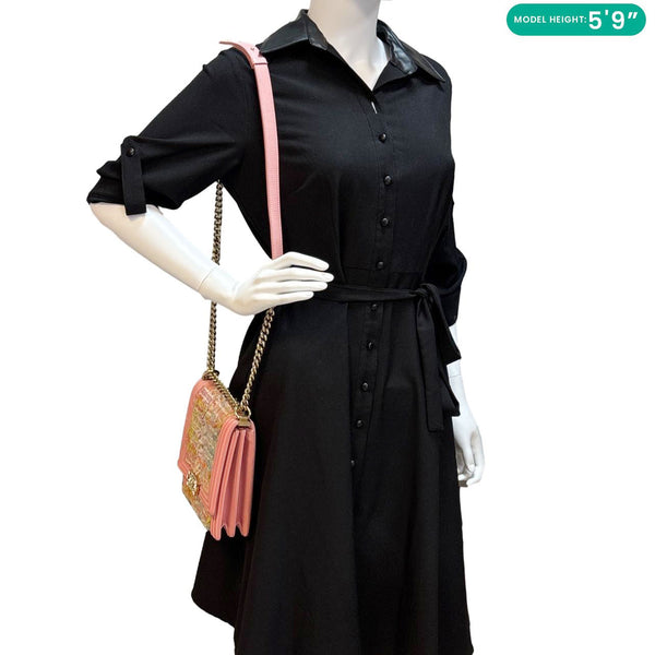 CHANEL Boy Flap North South Tweed Shoulder Bag Pink