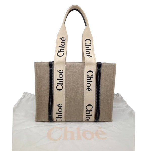 CHLOE Woody Medium Linen Canvas Tote Bag Cream