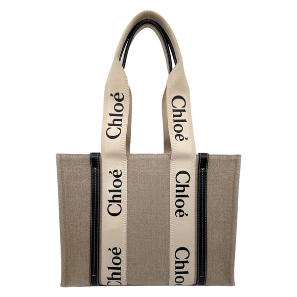 CHLOE Woody Medium Linen Canvas Tote Bag Cream