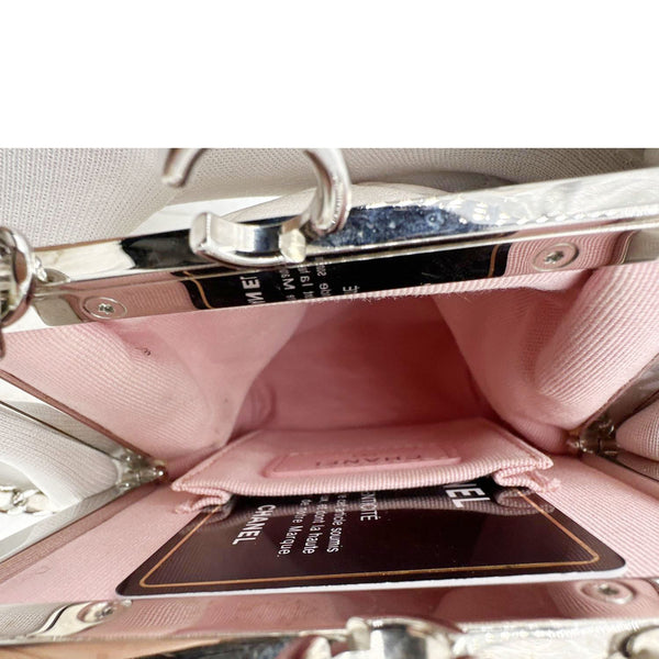 CHANEL Kisslock Logo Plexiglass Quilted Lambskin Leather Clutch With Chain White