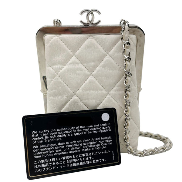 CHANEL Kisslock Logo Plexiglass Quilted Lambskin Leather Clutch With Chain White