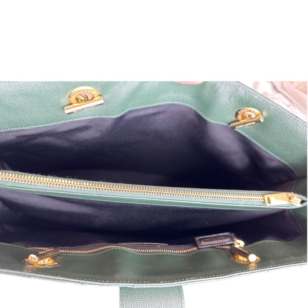YVES SAINT LAURENT Chevron Grained Leather Shopping Tote Bag Green