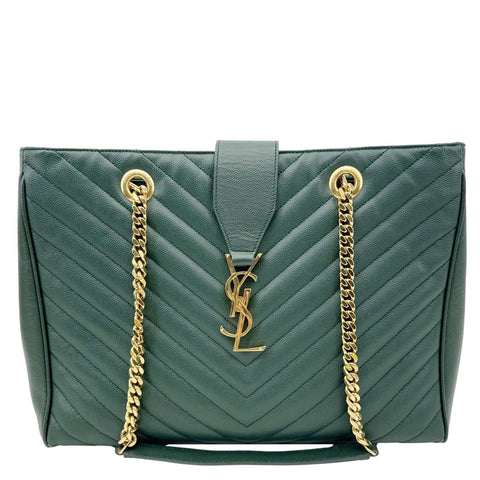 YVES SAINT LAURENT Chevron Grained Leather Shopping Tote Bag Green