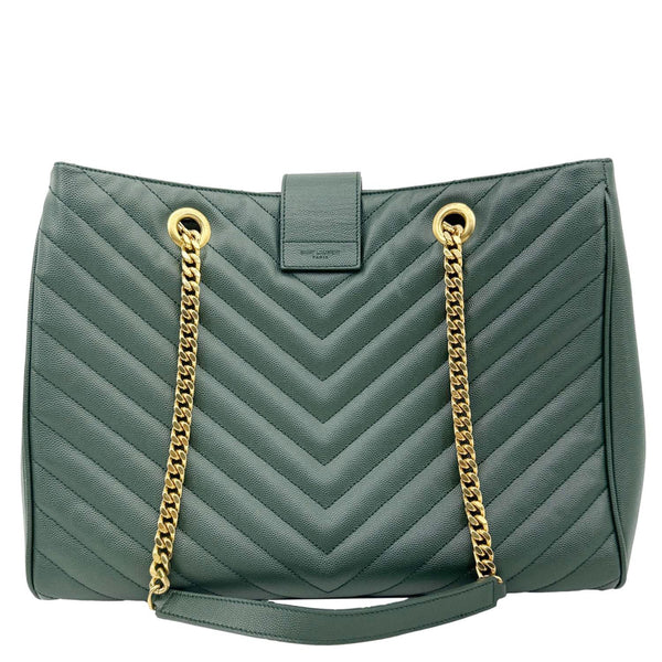 YVES SAINT LAURENT Chevron Grained Leather Shopping Tote Bag Green
