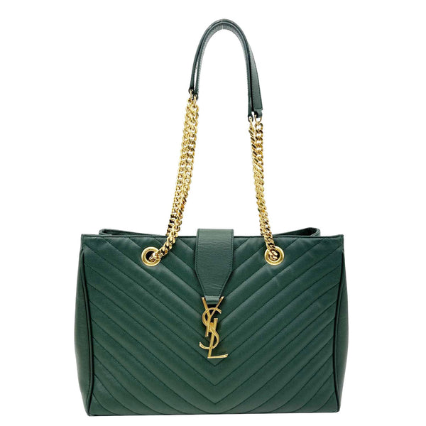YVES SAINT LAURENT Chevron Grained Leather Shopping Tote Bag Green