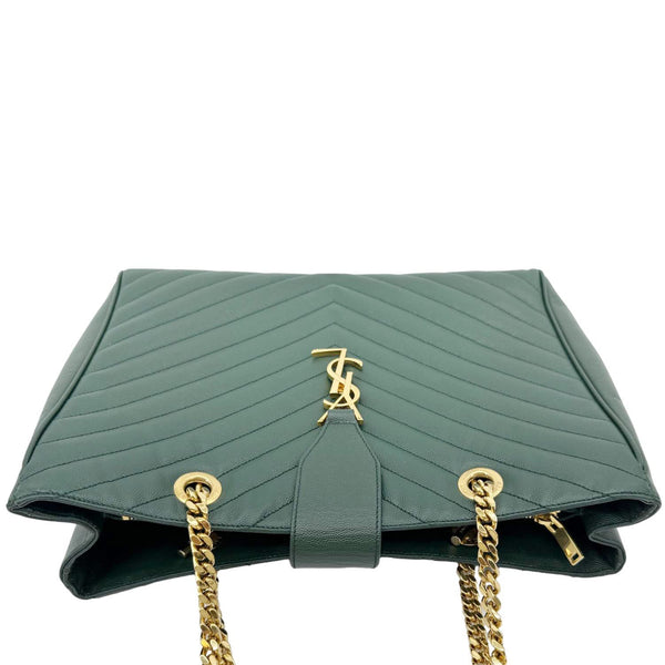 YVES SAINT LAURENT Chevron Grained Leather Shopping Tote Bag Green