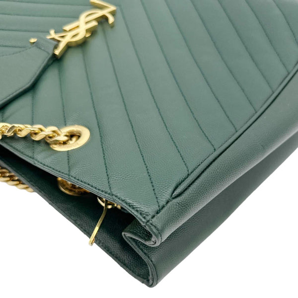 YVES SAINT LAURENT Chevron Grained Leather Shopping Tote Bag Green