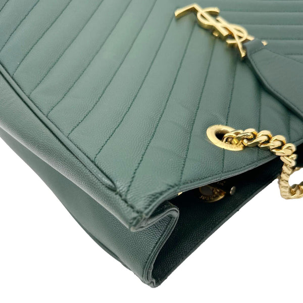YVES SAINT LAURENT Chevron Grained Leather Shopping Tote Bag Green