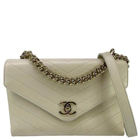 CHANEL Coco Flap Chevron Stitched Leather Shoulder Bag Beige