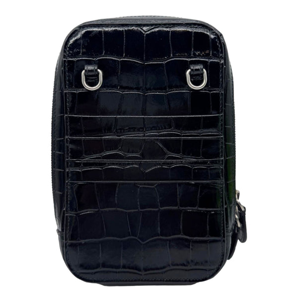 BALENCIAGA Crocodile Leather Phone Holder Crossbody Bag Black