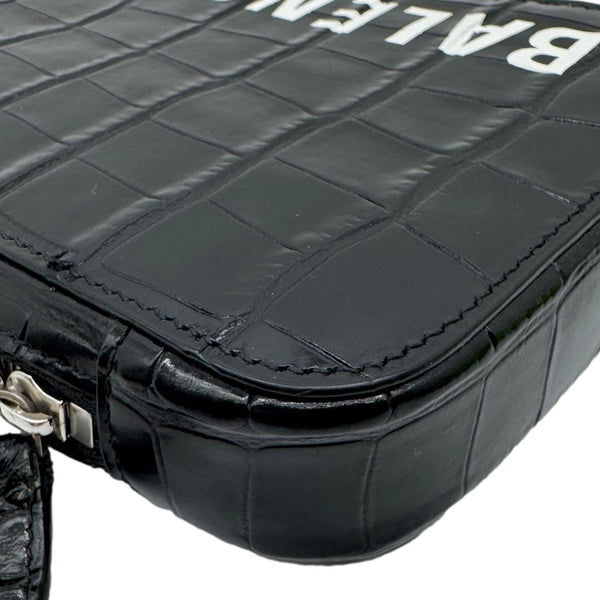 BALENCIAGA Crocodile Leather Phone Holder Crossbody Bag Black