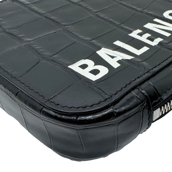 BALENCIAGA Crocodile Leather Phone Holder Crossbody Bag Black