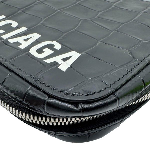 BALENCIAGA Crocodile Leather Phone Holder Crossbody Bag Black