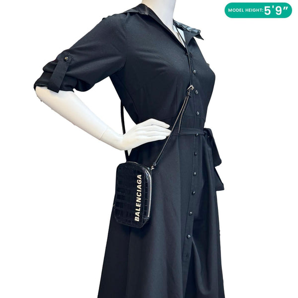 BALENCIAGA Crocodile Leather Phone Holder Crossbody Bag Black