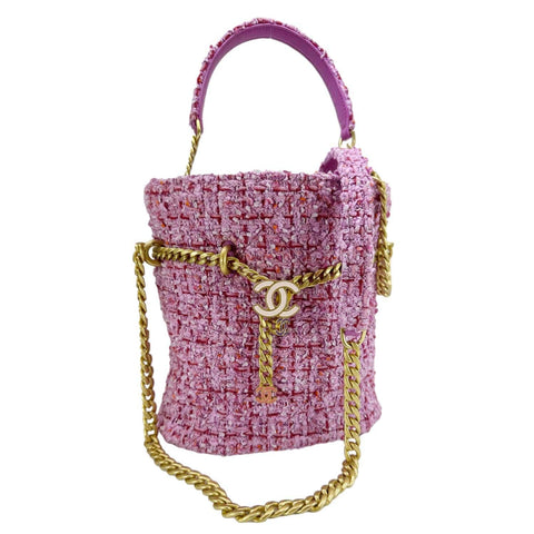 CHANEL Pending CC Tweed Enamel Drawstring Tote Bucket Bag Pink