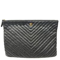 CHANEL O Clutch Chevron Leather Clutch Bag Black