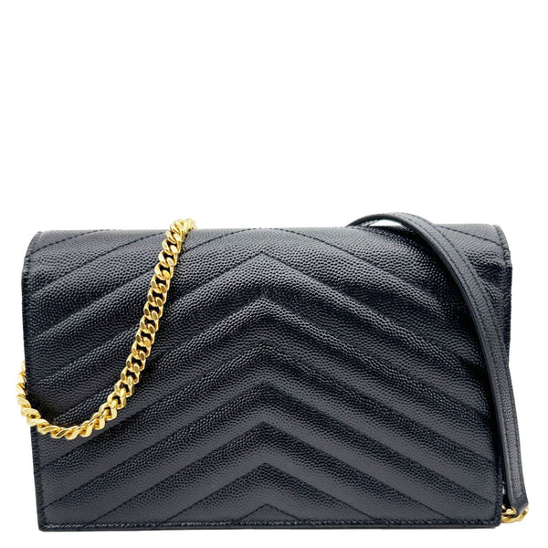 YVES SAINT LAURENT Cassandre Envelope Chevron Grain De Poudre Leather Chain Wallet Black