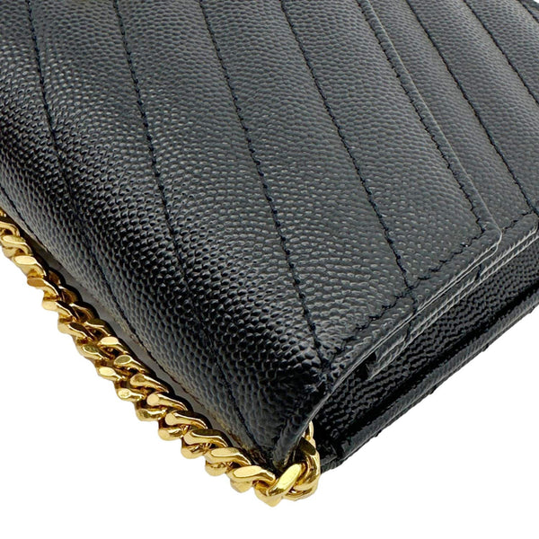 YVES SAINT LAURENT Cassandre Envelope Chevron Grain De Poudre Leather Chain Wallet Black