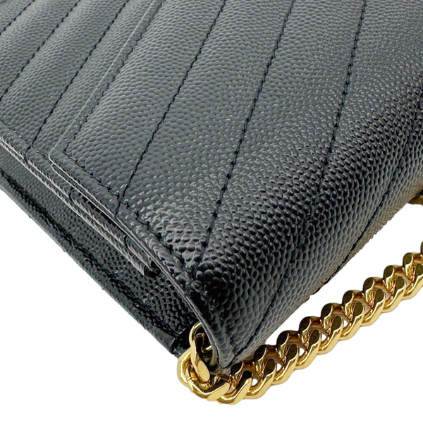 YVES SAINT LAURENT Cassandre Envelope Chevron Grain De Poudre Leather Chain Wallet Black