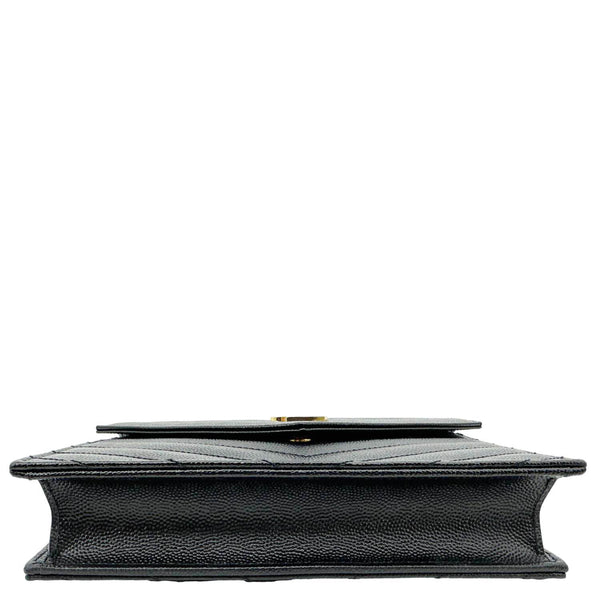 YVES SAINT LAURENT Cassandre Envelope Chevron Grain De Poudre Leather Chain Wallet Black