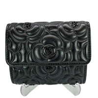 CHANEL Camellia Embossed Lambskin Leather Wallet Black