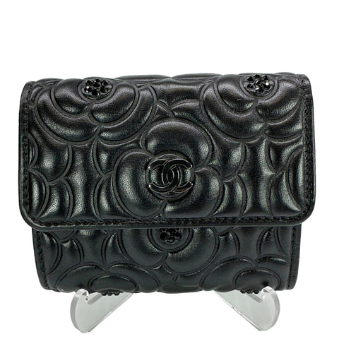 CHANEL Camellia Embossed Lambskin Leather Wallet Black