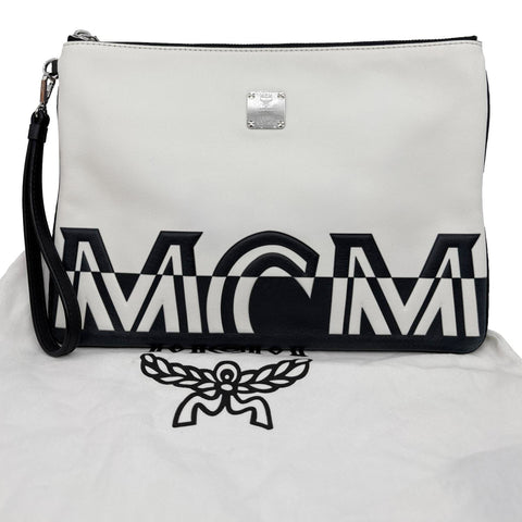 MCM Logo Medium Lambskin Leather Pouch White