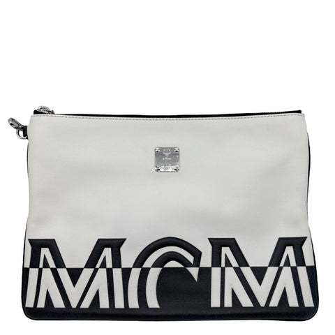 MCM Logo Medium Lambskin Leather Pouch White